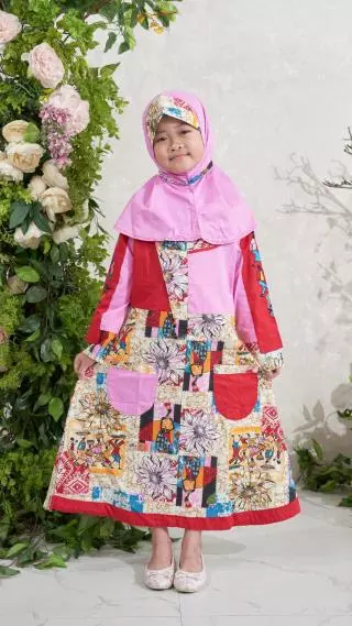 Gamis Muslim Anak Nur Aini Warna Polos Kombinasi Rompi Tempel dan Bordir
