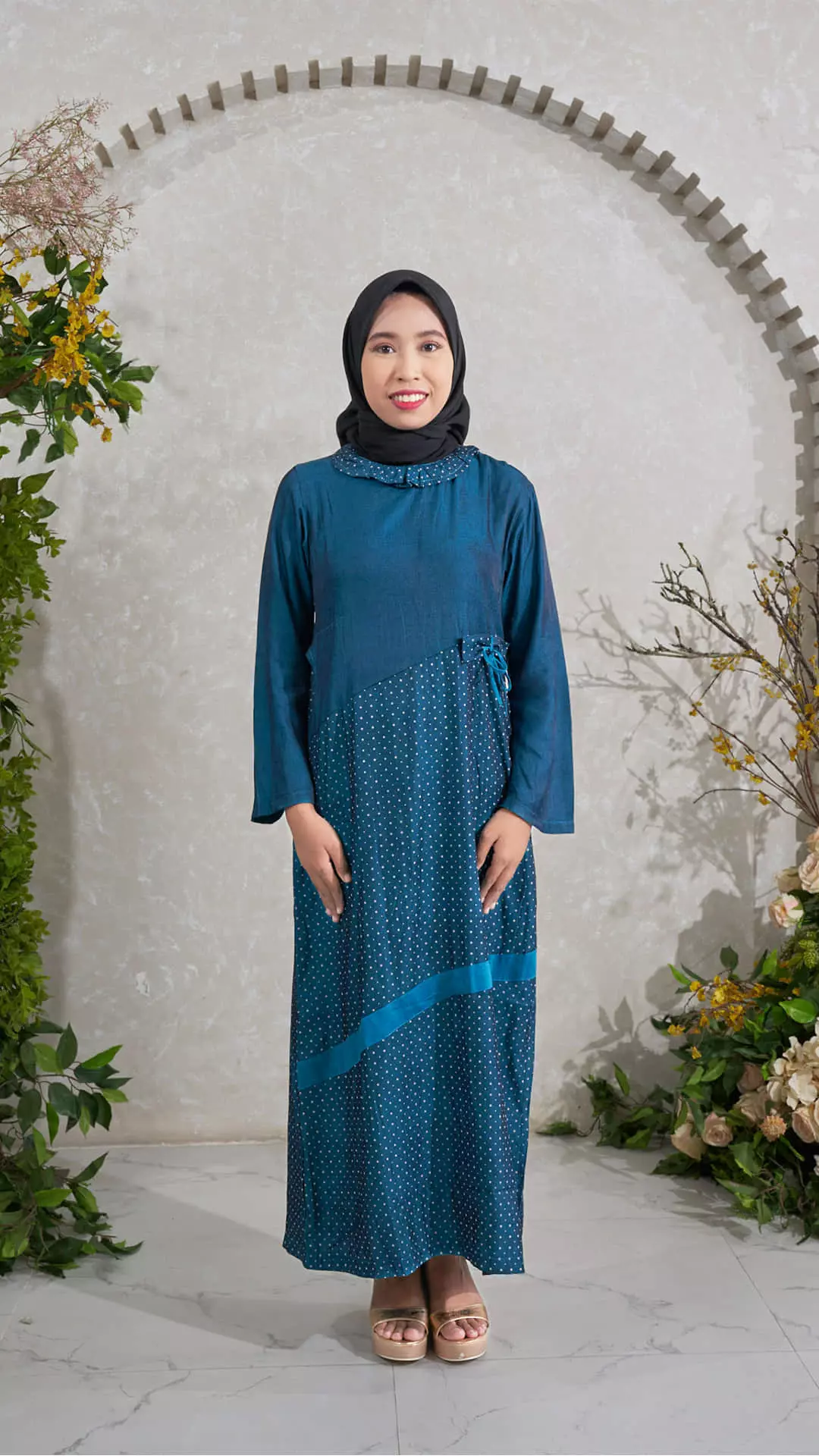 Gamis Wanita Nur Aini Warna Polos Lengan Panjang Kombinasi pita