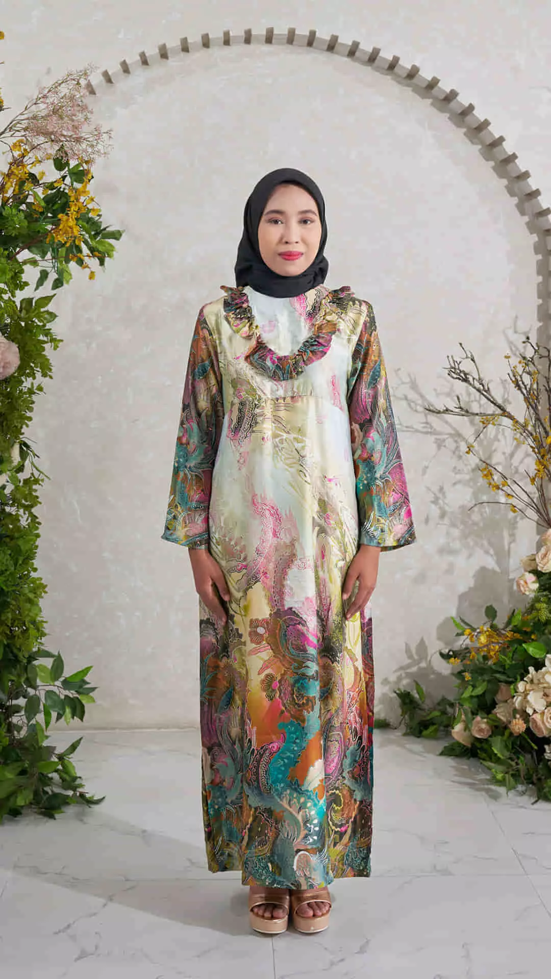 Gamis Wanita Nur Aini Warna Motif Lengan Panjang